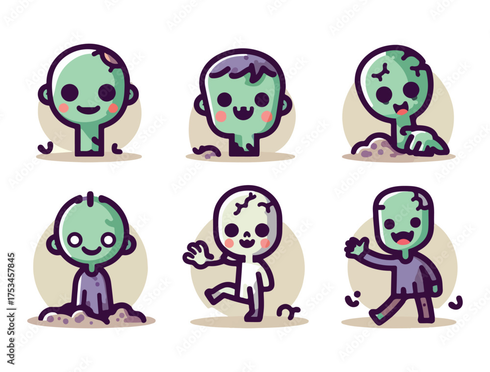 Obraz premium Cute Green Zombie Vector Pack for Kids Friendly Halloween Party Designs