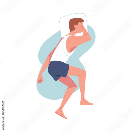 Sleeping Man Character Lying in Pose with Pillow Vector Illustration