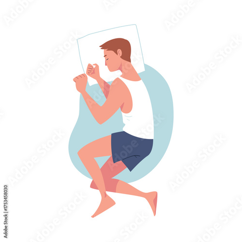 Sleeping Man Character Lying in Pose with Pillow Vector Illustration