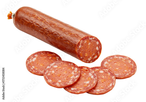 Isolated pepperoni sausage with several sliced pieces, delicious cured Italian salami