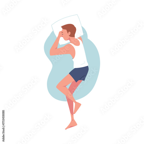 Sleeping Man Character Lying in Pose with Pillow Vector Illustration