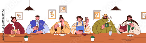 People drink coffee at the table in coffeehouse. Happy men and women with cups of tea and hot beverages sit at the bar counter in coffeeshop. Flat isolated vector illustration on white background.