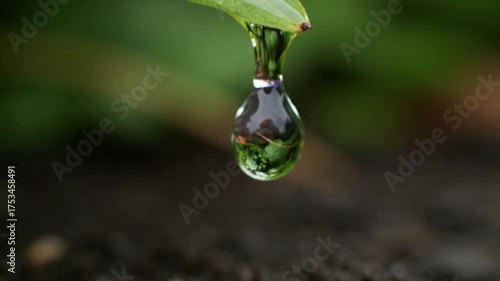 Crystal clear water droplet reflects lush green foliage, poised to fall from a leaf.