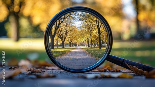 Autumnal park path seen through magnifying glass