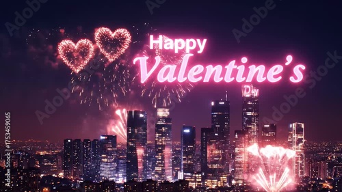 Romantic Valentine's Day Cityscape with Heart Shaped Fireworks night