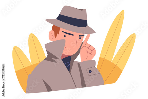 Man Character Spying, Observing and Sneaking in Hat and Coat Looking and Peeping Out Vector Illustration