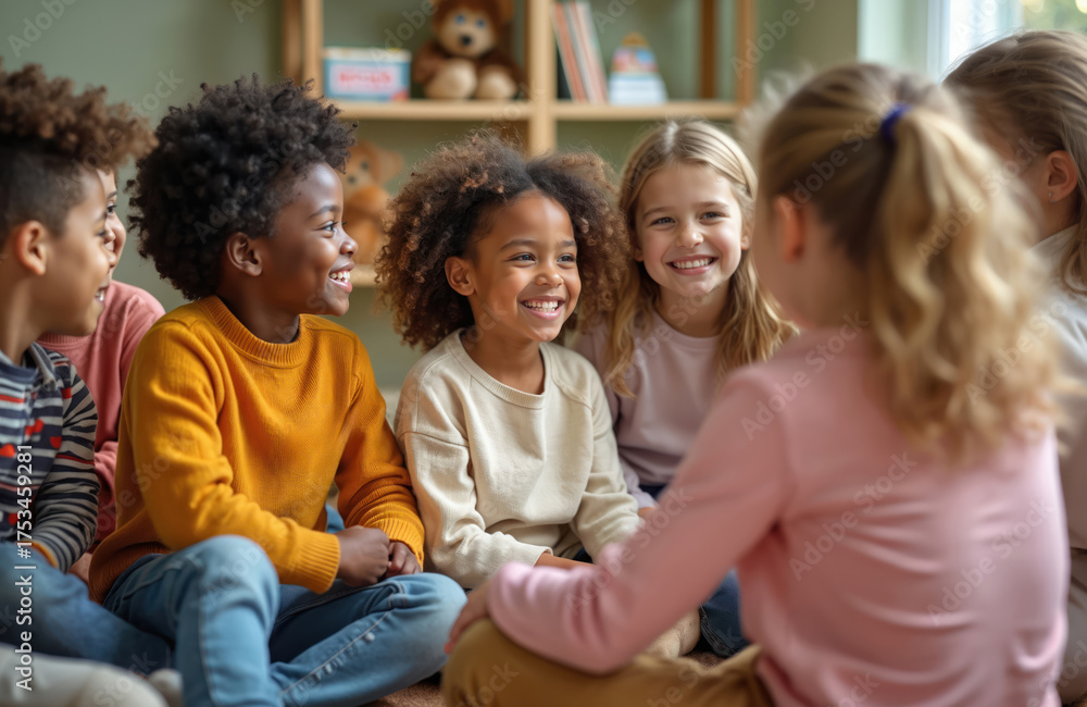 Obraz premium Diverse young kids sit in circle. Children talk, smile, share stories in warm classroom. Friends bond, play, learn together fostering unity and happy community vibes.