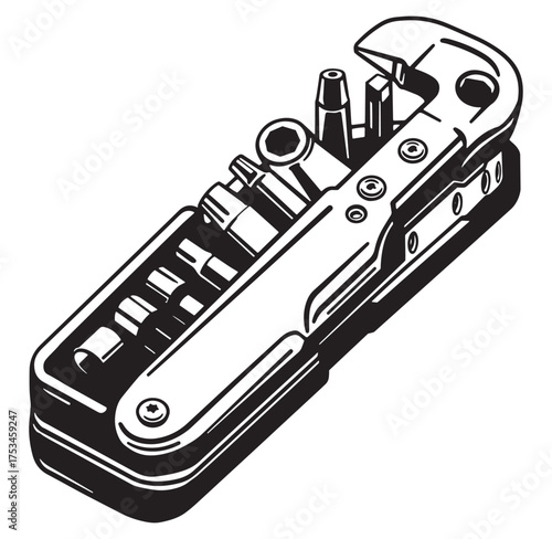 Illustrated black and white handheld multi tool with various attachments for repair and construction