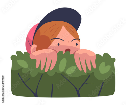Woman Character Spying, Observing and Sneaking Looking and Peeping Out Bush Vector Illustration