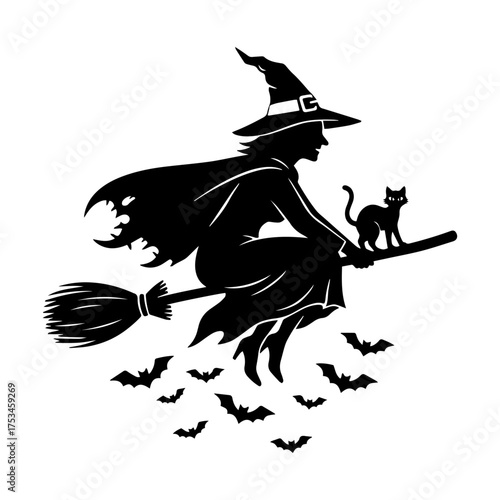 Halloween Witch and Black Cat Silhouette Flying on Broom. Vector Icon Isolated on White Background with Bats.


