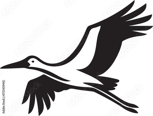 Stork in flight silhouette bird design, Flying stork black and white vector