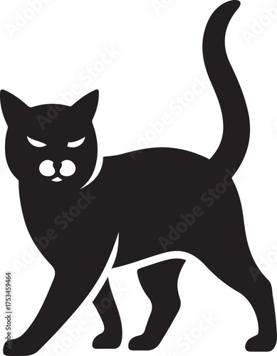 Walking cat silhouette with angry eyes, Fierce feline pet black and white illustration