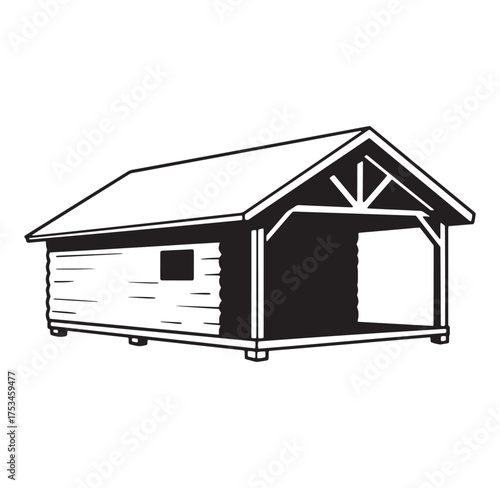 Minimalist black and white illustration of a rustic wooden cabin with an open carport design