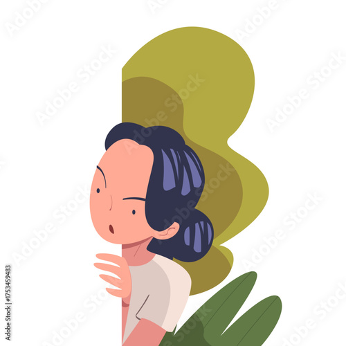 Woman Character Spying, Observing and Sneaking Looking and Peeping Out Corner Vector Illustration