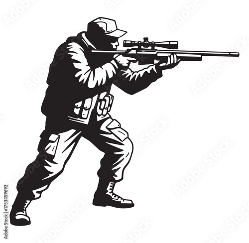 Silhouette illustration of a sniper aiming with a rifle in a combat ready stance