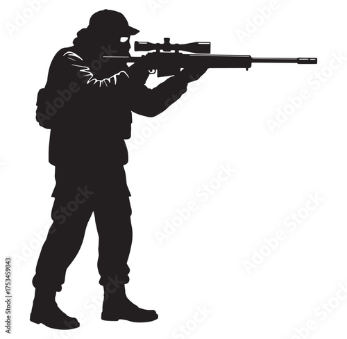 Silhouette of a sniper aiming a rifle with scope against a bright white background