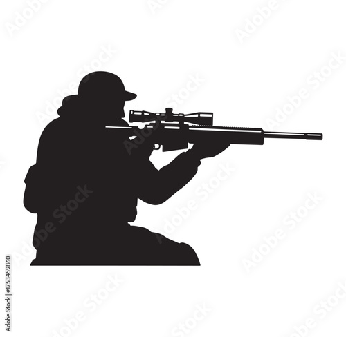 Silhouette of a sniper aiming a rifle with scope against a white background