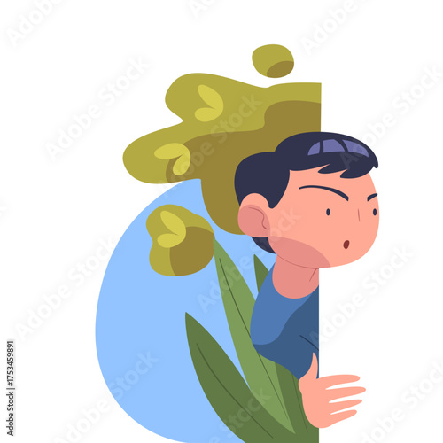 Man Character Spying, Observing and Sneaking Looking and Peeping Out Corner Vector Illustration