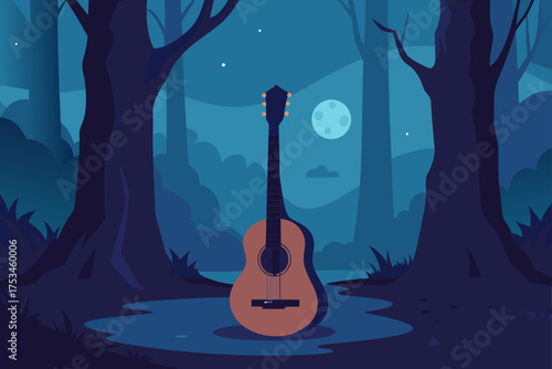 Guitar stands in a forest under moonlight