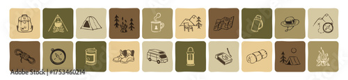 Set of doodle icons of hiking. Drawing outline tools for travel in nature in square shapes. Equipment, tents, backpacks for mountain climbing. Flat isolated hand drawn vector illustrations on white.