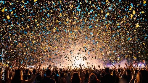頭上いっぱいに舞い散るカラフルな紙吹雪と熱狂的な群衆（音楽フェスティバル）