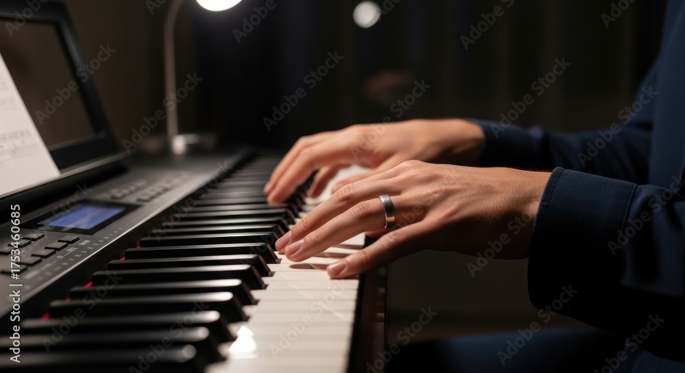 Fototapeta premium Close-up of a persons hands playing a digital piano with sheet music visible.