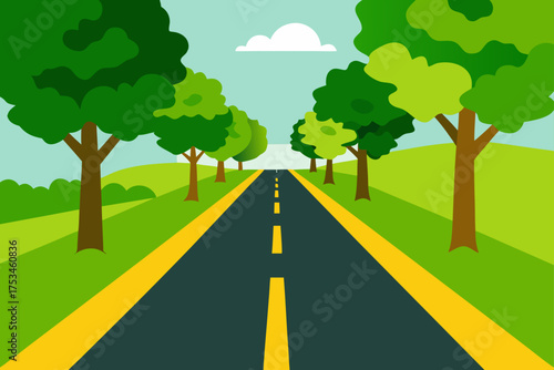 Road with trees and a cloud in the distance