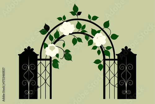 Floral archway with roses and iron gates