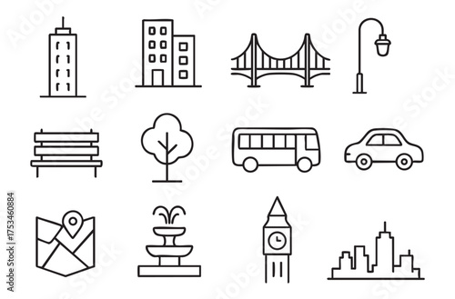 Park icon set. Containing forest, barbecue, camp, bench, picnic and playground icons. 