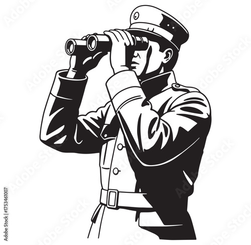 Vector illustration of a uniformed officer looking through binoculars for surveillance purposes