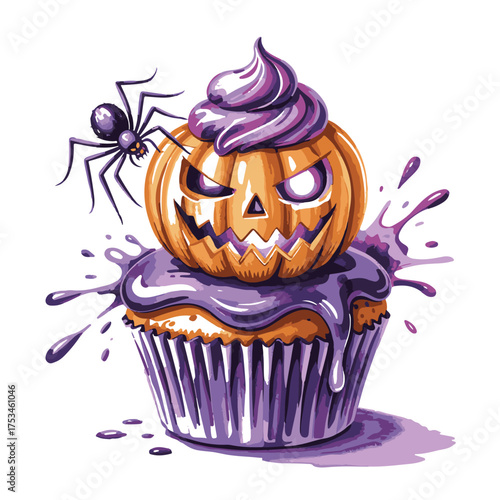 Vector art of halloween cupcake with a jackolantern on top, purple frosting, and a spider