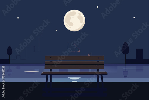 Bench under the moon at night by the lake