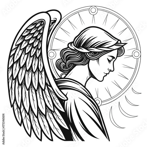 A radiant angelic figure with detailed wings and flowing robes depicted in a majestic and ethereal banner or advertisement design suitable for spiritual or celebratory themes