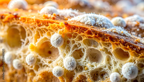 Detailed Close-Up of Moldy Bread Texture and Fungal Growth