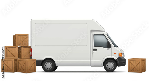 White delivery van with stacked wooden boxes, ready for logistics and shipping