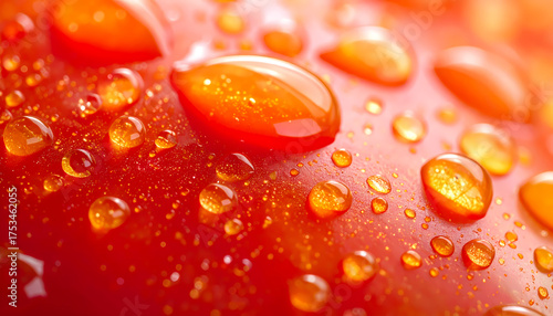 Close up Macro of Red Fresh Tomato Skin with Water Droplets