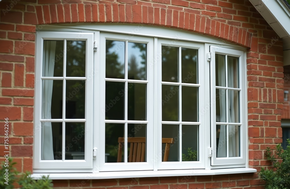 Fototapeta premium White casement windows with multiple panes are set in a red brick house exterior wall. The clear glass reflects green trees and sky. Interior view shows white curtains and wooden chairs.
