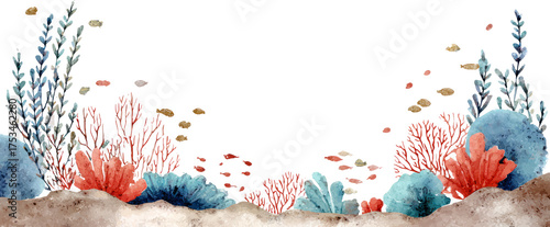 Beautiful watercolor coral reef illustration, serene underwater nature view