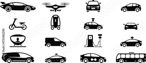 Futuristic transportation icons with cars and drone
