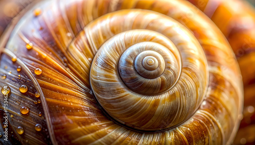 Close up Artistic Detail of a Snail Shell Pattern with Water Droplets