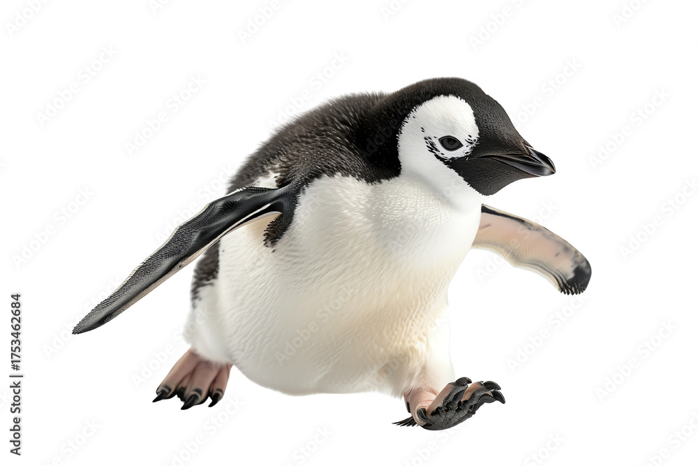 Fototapeta premium Adorable penguin walking with outstretched flippers ready for a fun adventure, isolated on a white background.