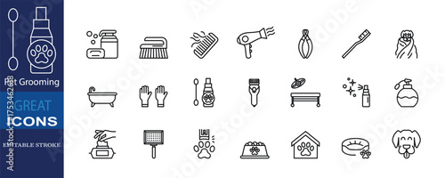 Pet Grooming icon set in editable stroke style. Includes tools and accessories for washing, trimming, and caring for pets. Perfect for pet salon, care, and hygiene themes.