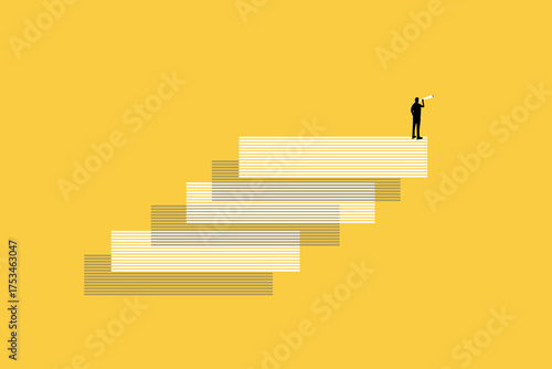 Businessman on top with big telescope. concept of opportunity, investment, future growth or career development vision, profit and earning forecast