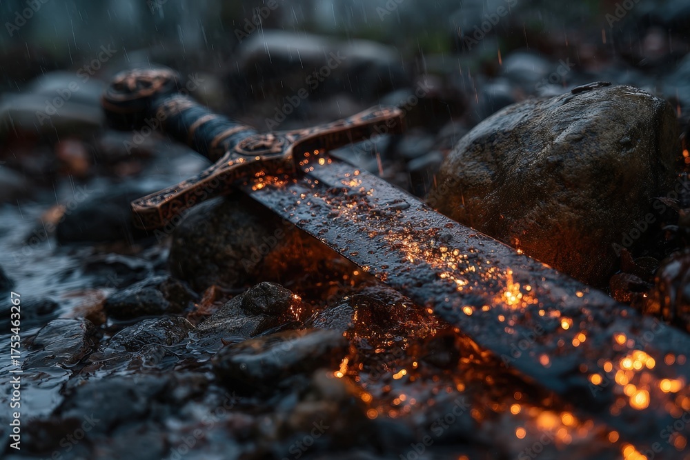 Fototapeta premium Sword surrounded by glowing embers in a rainstorm on rocky ground at dusk