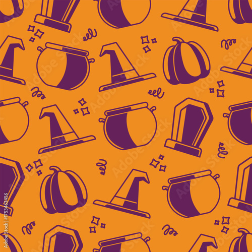 Minimalist seamless Halloween pattern with witch hats, pumpkins, cauldrons, and gravestones on orange background suitable for wrapping paper, party decor, and festive backgrounds.