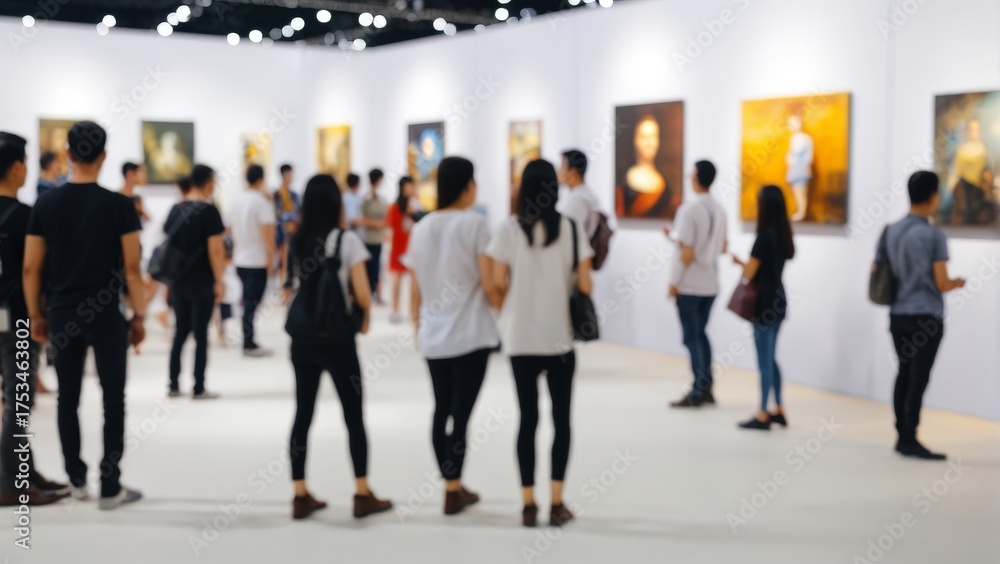 Obraz premium 現代アートギャラリーや美術館で絵画を鑑賞する人々の群衆(ぼかし効果あり)