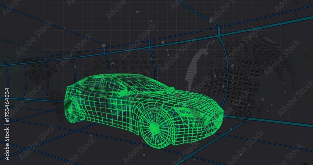 Naklejka premium Cruising neon green wireframe car through virtual grid tunnel, with wireframe globe and data nodes