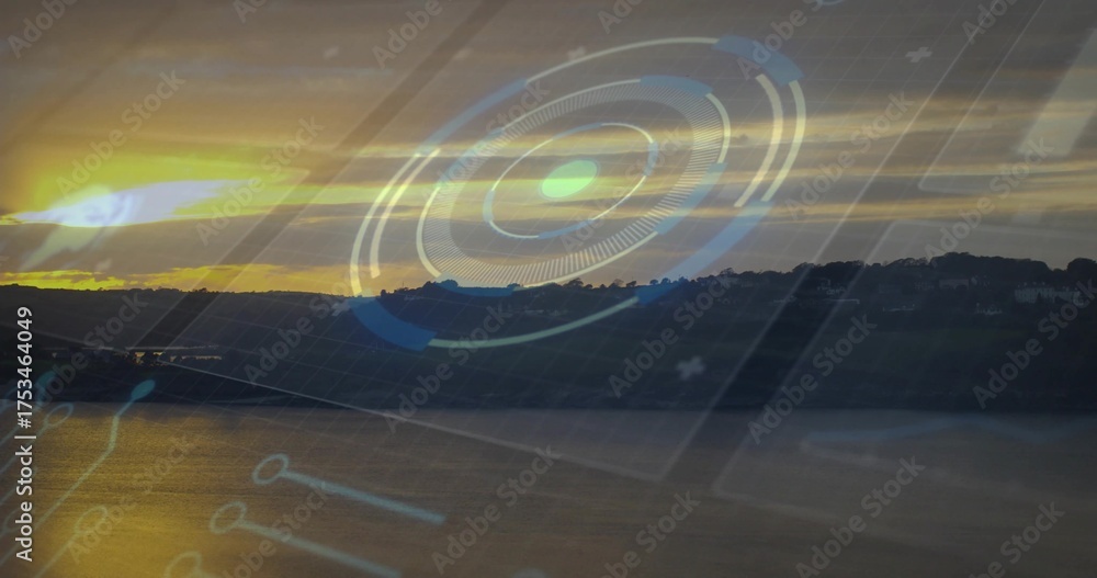 Naklejka premium Displaying translucent circular HUD graphic overlaying sunset lake, with golden water reflections