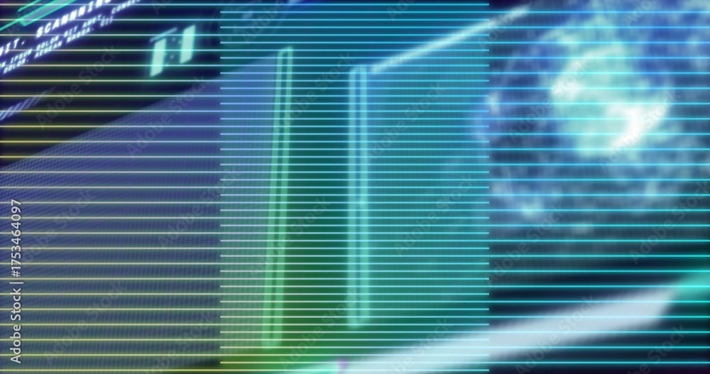 Obraz premium Displaying interface over scan lines in console, with neon panels, code display and swirling orb