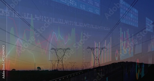 Displaying towers and power lines stretching rural plain at dusk, with financial chart overlays